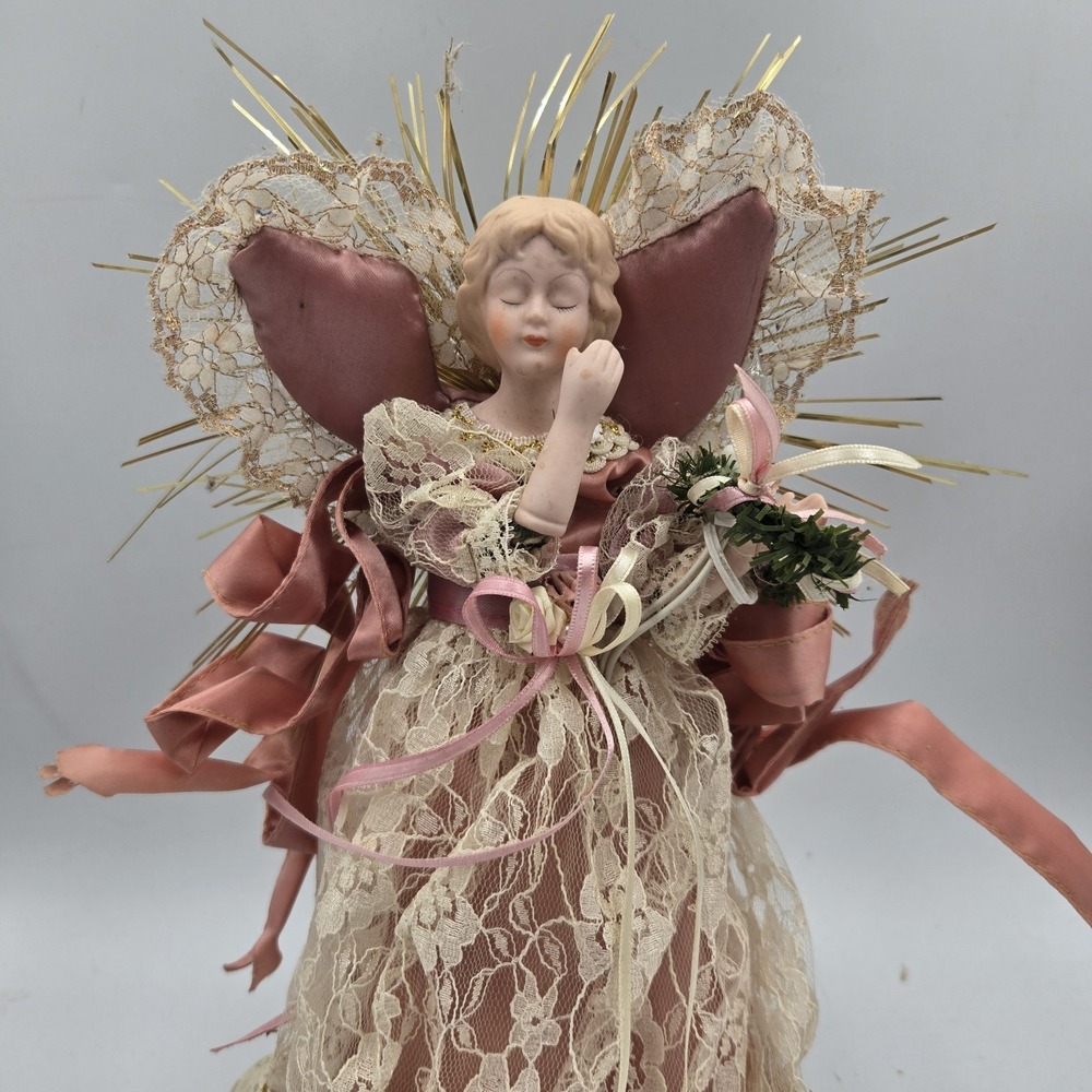 Vtg Midwest Importers Christmas Angel Tree Topper Pink Lace Porcelain Lights Up